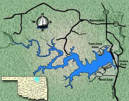 Oklahoma fishing guide map for Lake Birch.