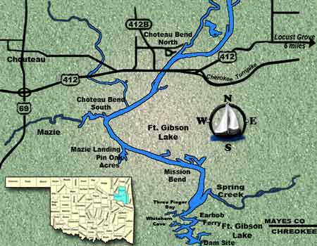 Oklahoma fishing guide map for Lake Fort Gibson.